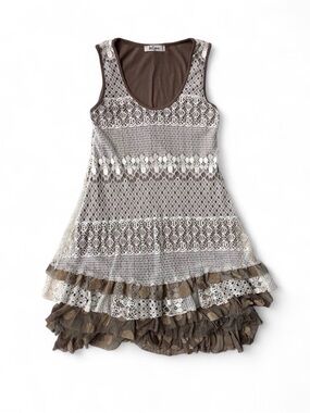 We Love boho lace polka dot ruffle midi swing dress brown white size XS